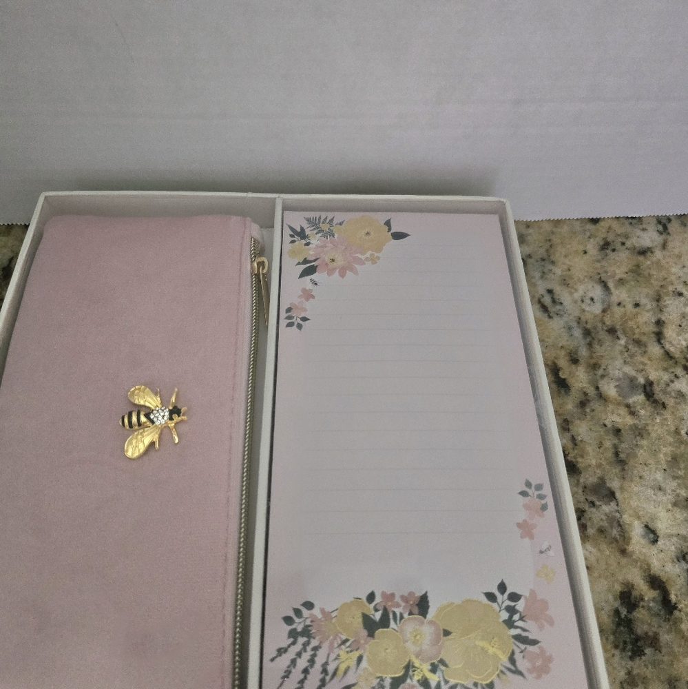 Pink Pouch with Gold Bee and Floral Notepad Set